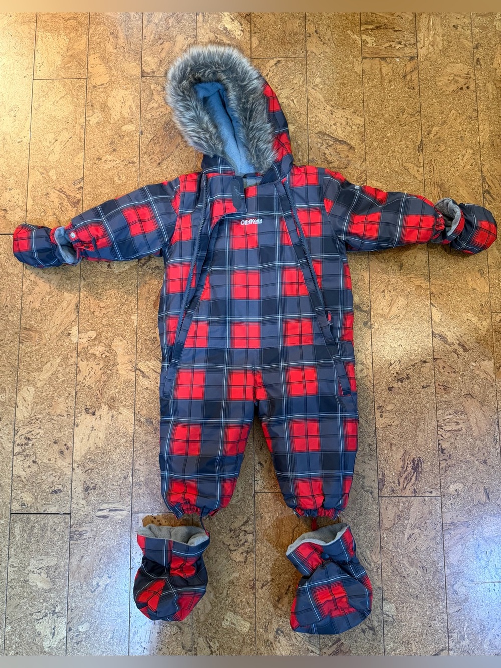 OshKosh B'gosh Red and Navy Plaid Insulated Snowsuit with Faux Fur Hood